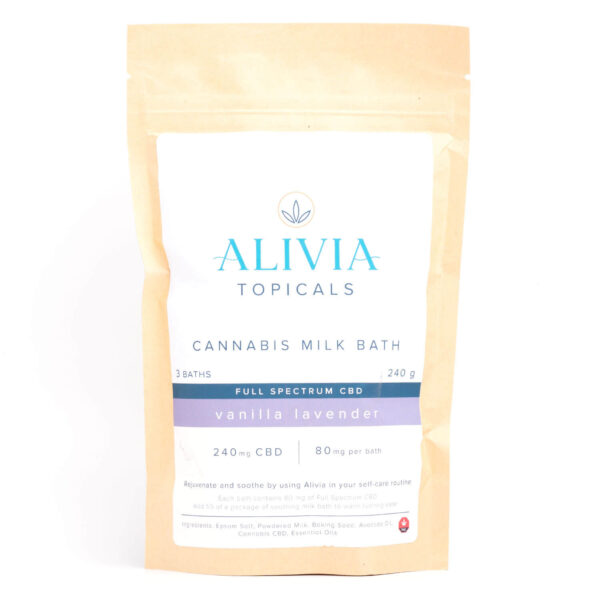 Full Spectrum CBD Milk Bath – Vanilla Lavender (240g), 240mg Full Spectrum CBD Cannabis Milk Bath (Alivia Topicals), 240mg 1:1 Cannabis Milk Bath - Alivia Topicals, ALIVIA CANNABIS MILK BATH FULL SPECTRUM CBD – VANILLA, **Alivia Full Spectrum CBD Milk Bath: Vanilla Lavender Bliss (240mg)**.
